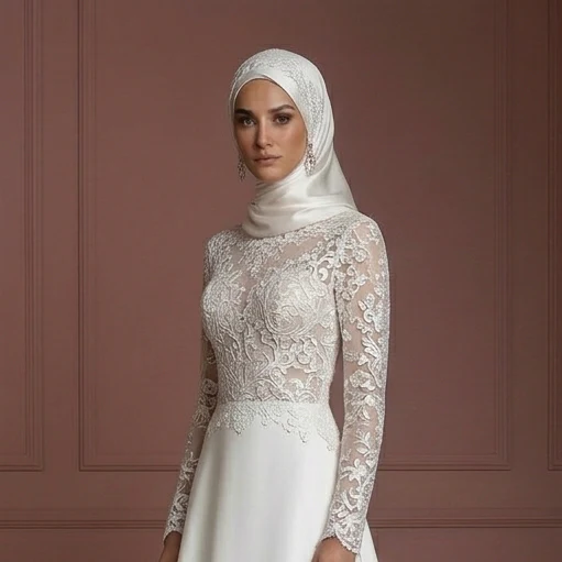 Hijab Bridal Wedding Dress With Lace Embroidery Modest Style Muslim - Image 4