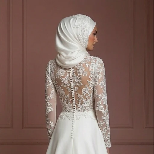 Hijab Bridal Wedding Dress With Lace Embroidery Modest Style Muslim - Image 5