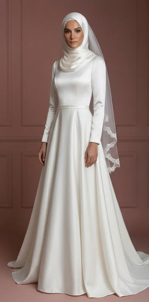 Hijab Bridal Gown Satin Long Sleeve Modest Bridal Wear Muslim Wedding Dress - Image 2