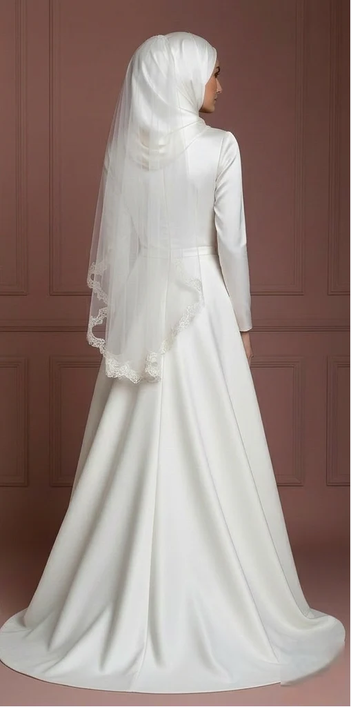 Hijab Bridal Gown Satin Long Sleeve Modest Bridal Wear Muslim Wedding Dress - Image 3