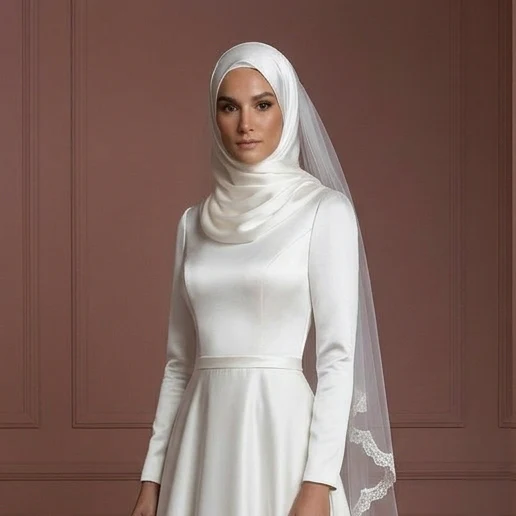 Hijab Bridal Gown Satin Long Sleeve Modest Bridal Wear Muslim Wedding Dress - Image 4