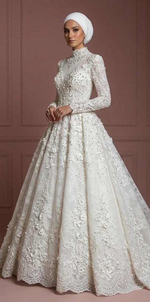 Hijab Bridal Gown With Cathedral Train Luxury Style Muslim Wedding Dress - Image 2