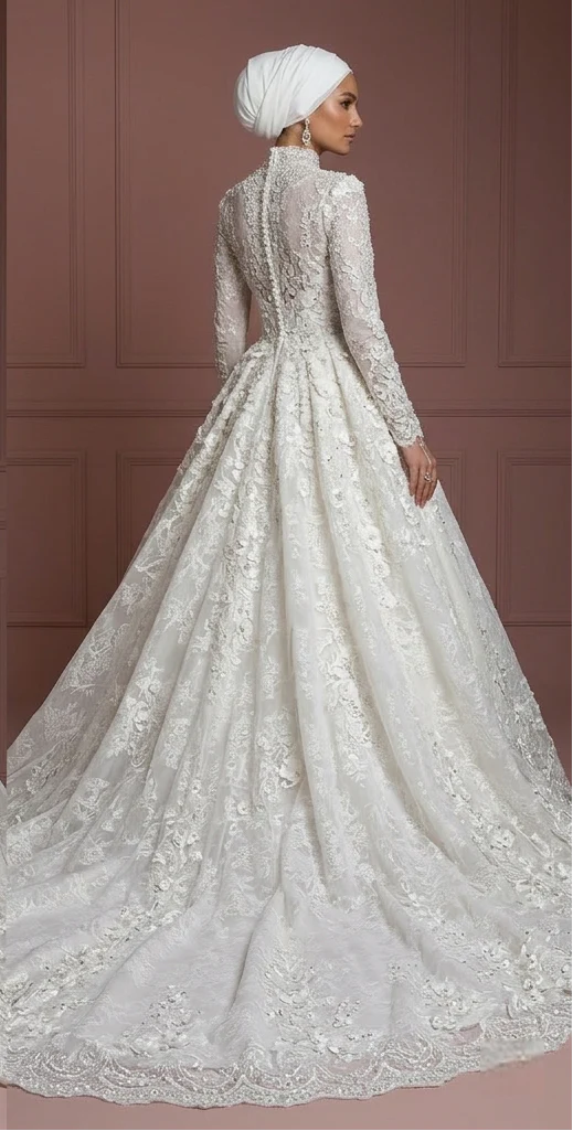 Hijab Bridal Gown With Cathedral Train Luxury Style Muslim Wedding Dress - Image 3