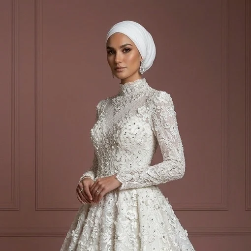 Hijab Bridal Gown With Cathedral Train Luxury Style Muslim Wedding Dress - Image 4