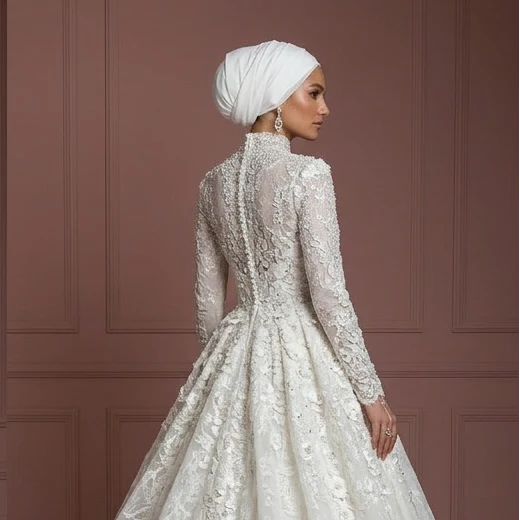 Hijab Bridal Gown With Cathedral Train Luxury Style Muslim Wedding Dress - Image 5