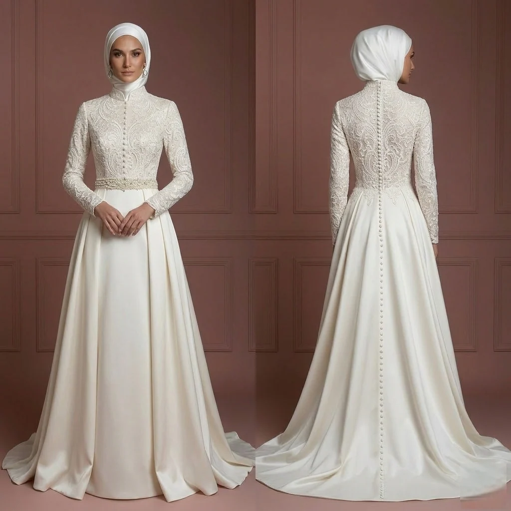 Hijab Bridal Gown With High Neck Coverage Style Wedding Dress Muslim