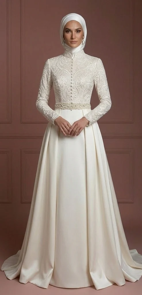Hijab Bridal Gown With High Neck Coverage Style Wedding Dress Muslim - Image 2