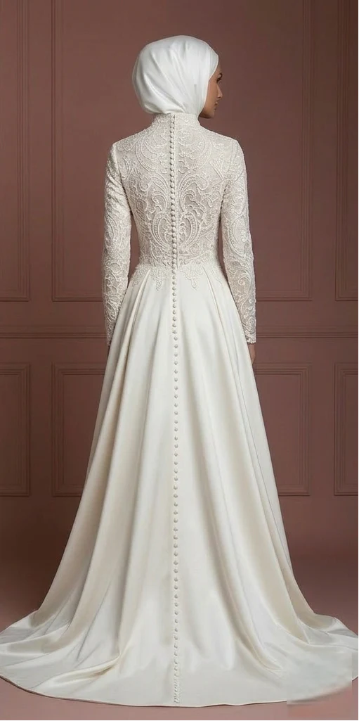 Hijab Bridal Gown With High Neck Coverage Style Wedding Dress Muslim - Image 3