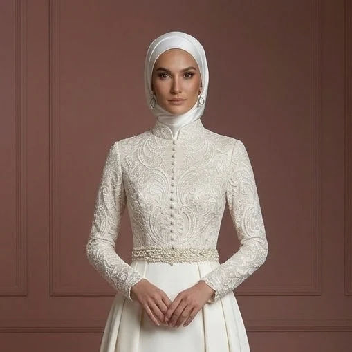 Hijab Bridal Gown With High Neck Coverage Style Wedding Dress Muslim - Image 4