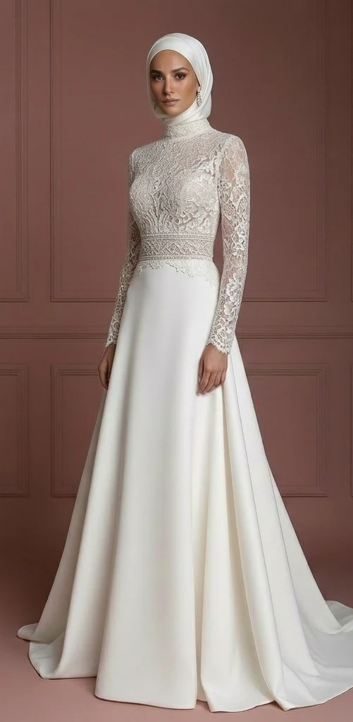 Hijab Bridal Gown With Structured Waist Support Muslim Wedding Dress - Image 2
