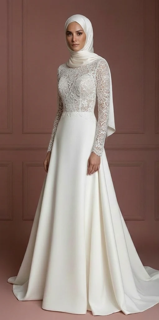 Hijab Bridal Wedding Dress With Long Elegant Train Muslim - Image 2