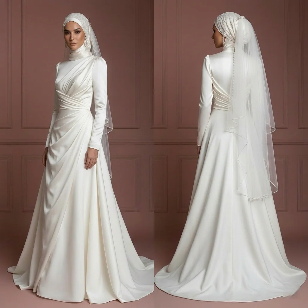 Hijab Bridal Wedding Dress With Satin Draped Bodice Muslim