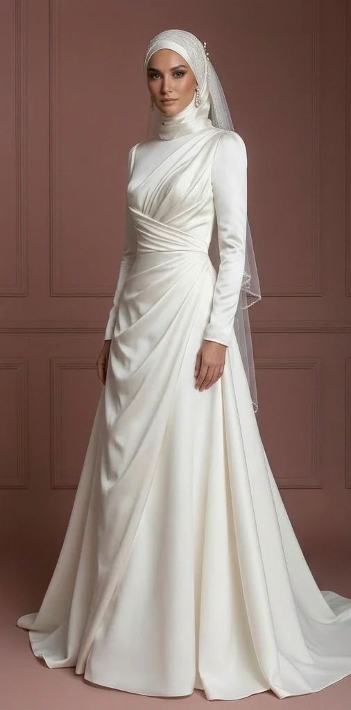 Hijab Bridal Wedding Dress With Satin Draped Bodice Muslim - Image 2