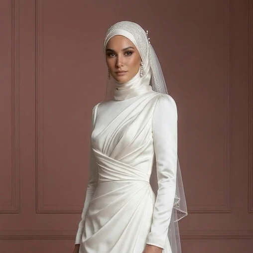 Hijab Bridal Wedding Dress With Satin Draped Bodice Muslim - Image 4