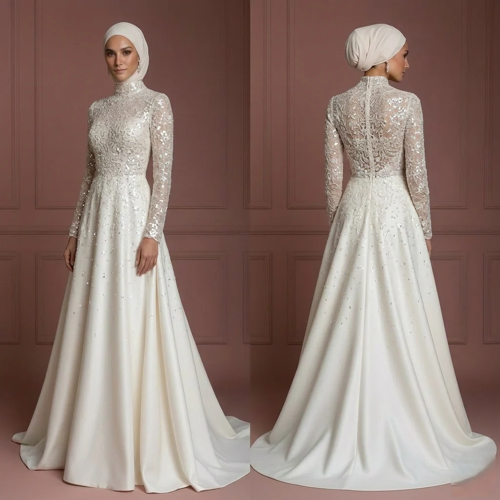 Hijab Bridal Wedding Dress With Sequin Lace Glam Modest Style Muslim