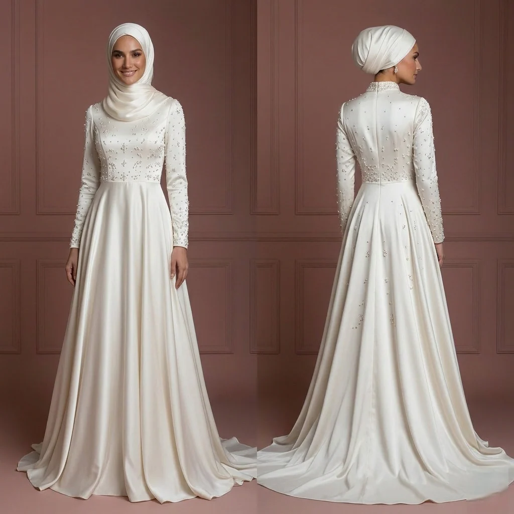 Hijab Bridal Wedding Dress With Soft Satin Fabric Muslim