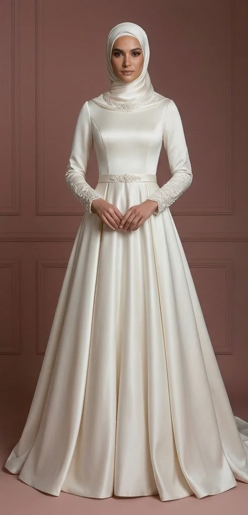 Hijab Wedding Dress For Winter Wedding Satin Style Muslim - Image 2