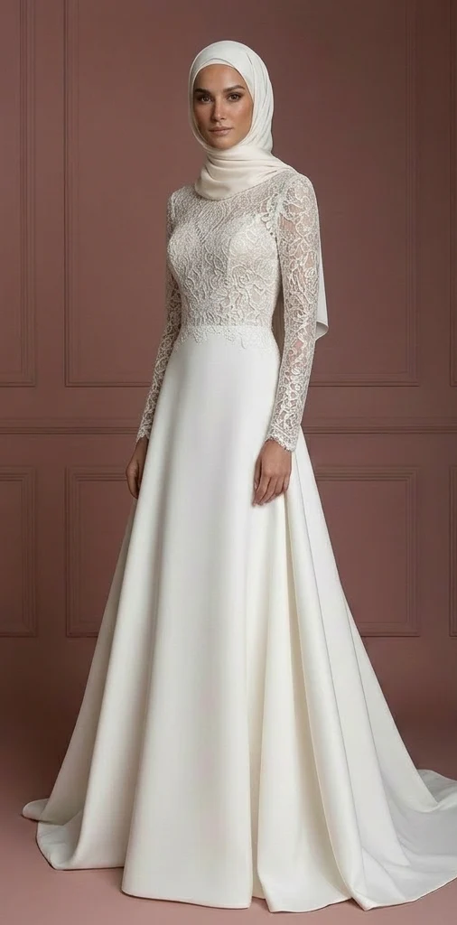 Hijab Wedding Dress Lace Long Sleeve Modest Bridal Muslim - Image 2
