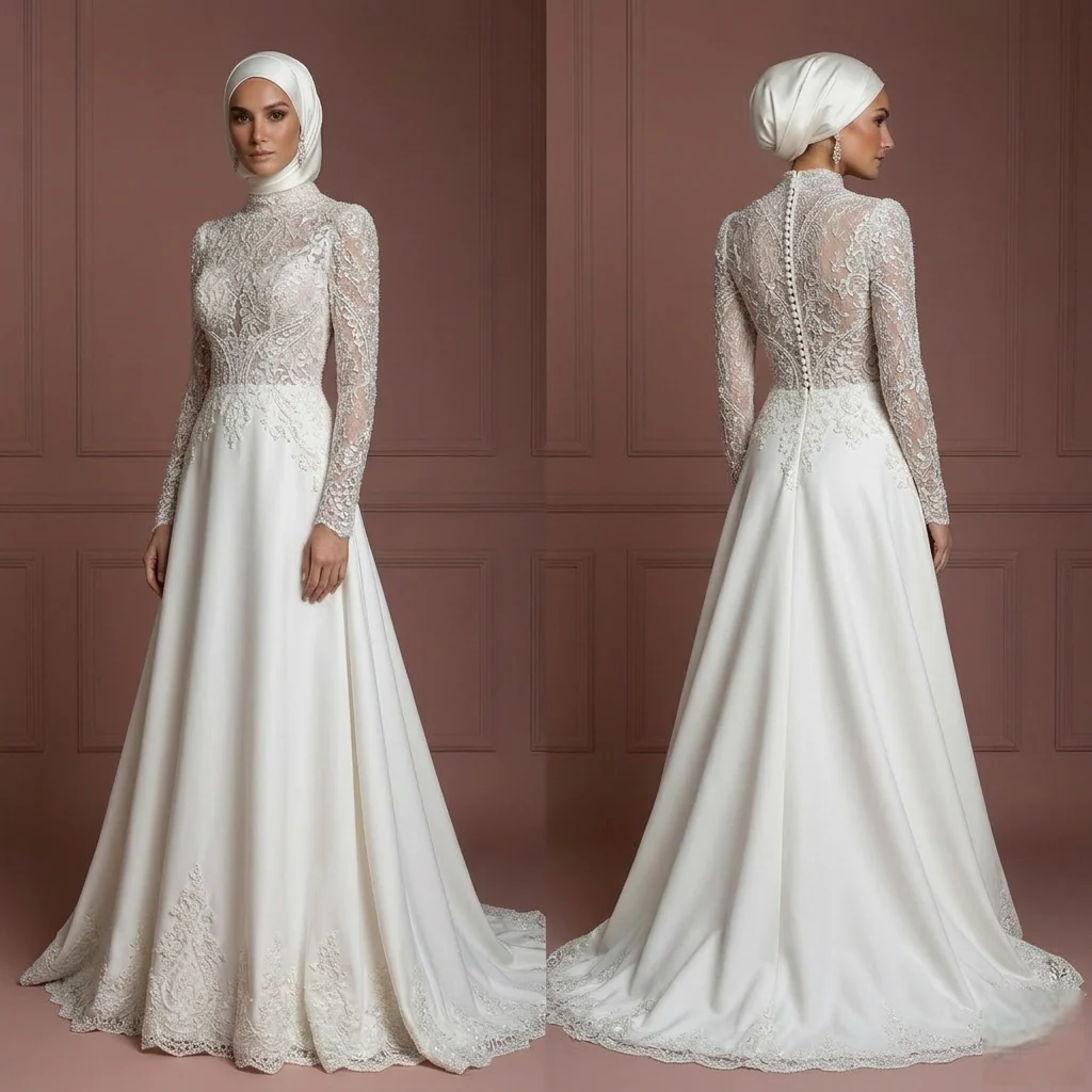 Hijab Wedding Dress With Beaded Lace Luxury Bridal Muslim