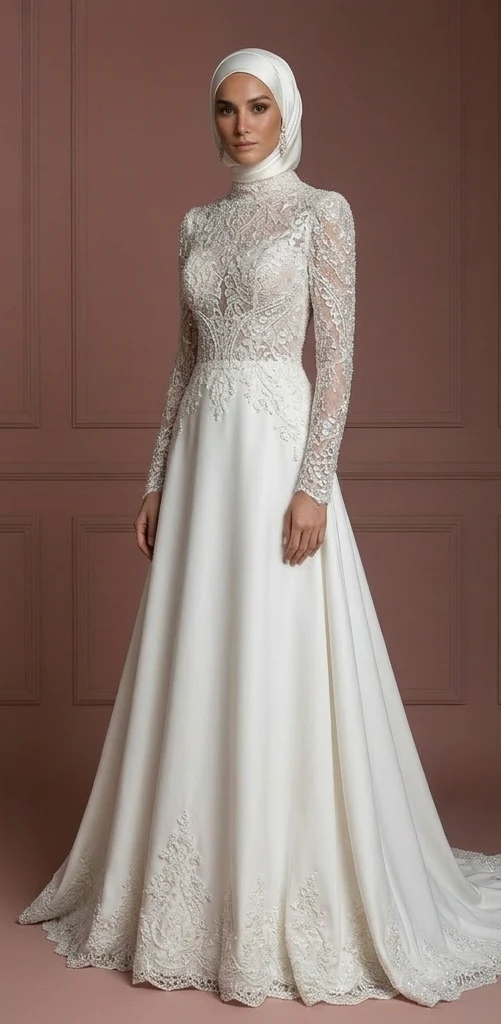 Hijab Wedding Dress With Beaded Lace Luxury Bridal Muslim - Image 2