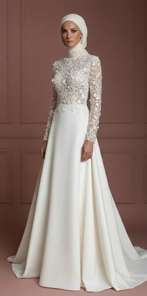 Hijab Wedding Dress With Floral Lace Pattern Muslim - Image 2