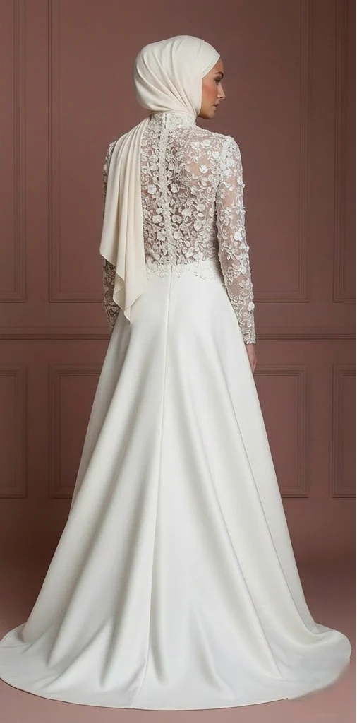 Hijab Wedding Dress With Floral Lace Pattern Muslim - Image 3