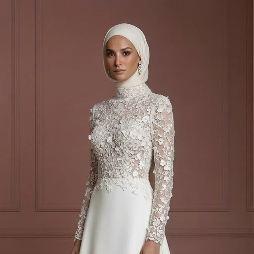 Hijab Wedding Dress With Floral Lace Pattern Muslim - Image 4