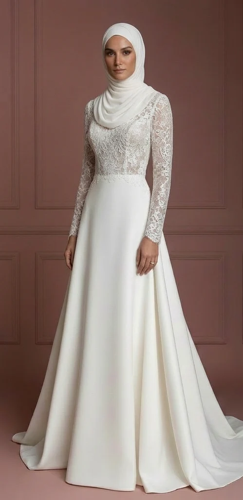 Hijab Wedding Dress With Lace Cap Sleeves Muslim - Image 2