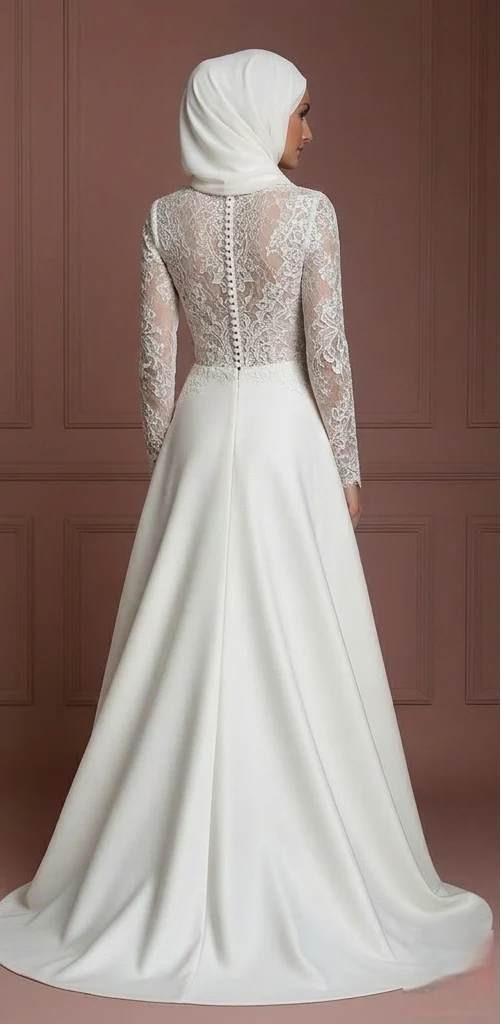 Hijab Wedding Dress With Lace Cap Sleeves Muslim - Image 3