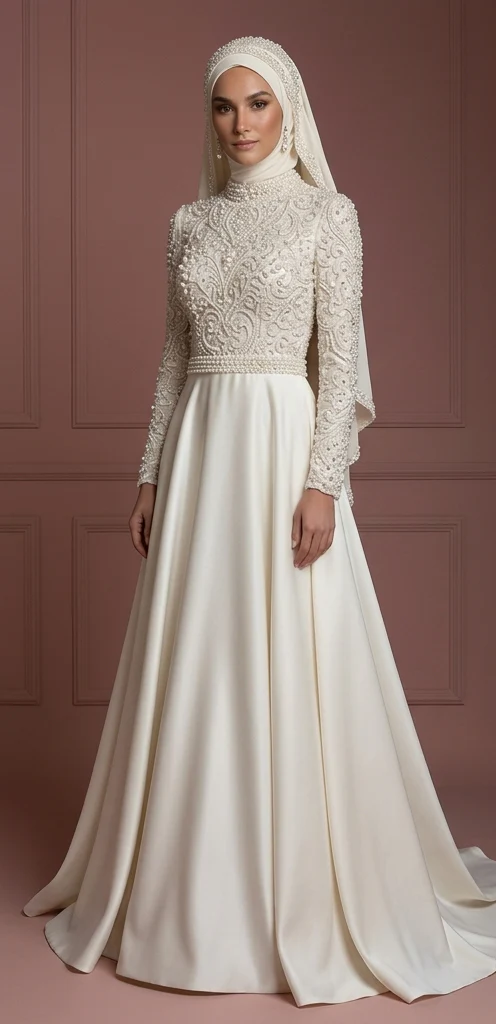 Hijab Wedding Dress With Pearl Beading Luxury Bridal Muslim - Image 2