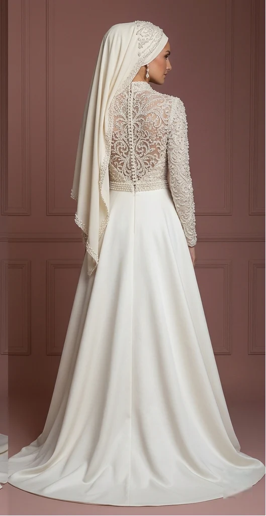 Hijab Wedding Dress With Pearl Beading Luxury Bridal Muslim - Image 3