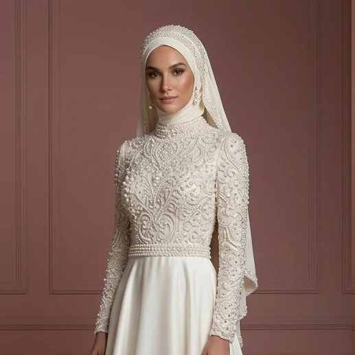 Hijab Wedding Dress With Pearl Beading Luxury Bridal Muslim - Image 4
