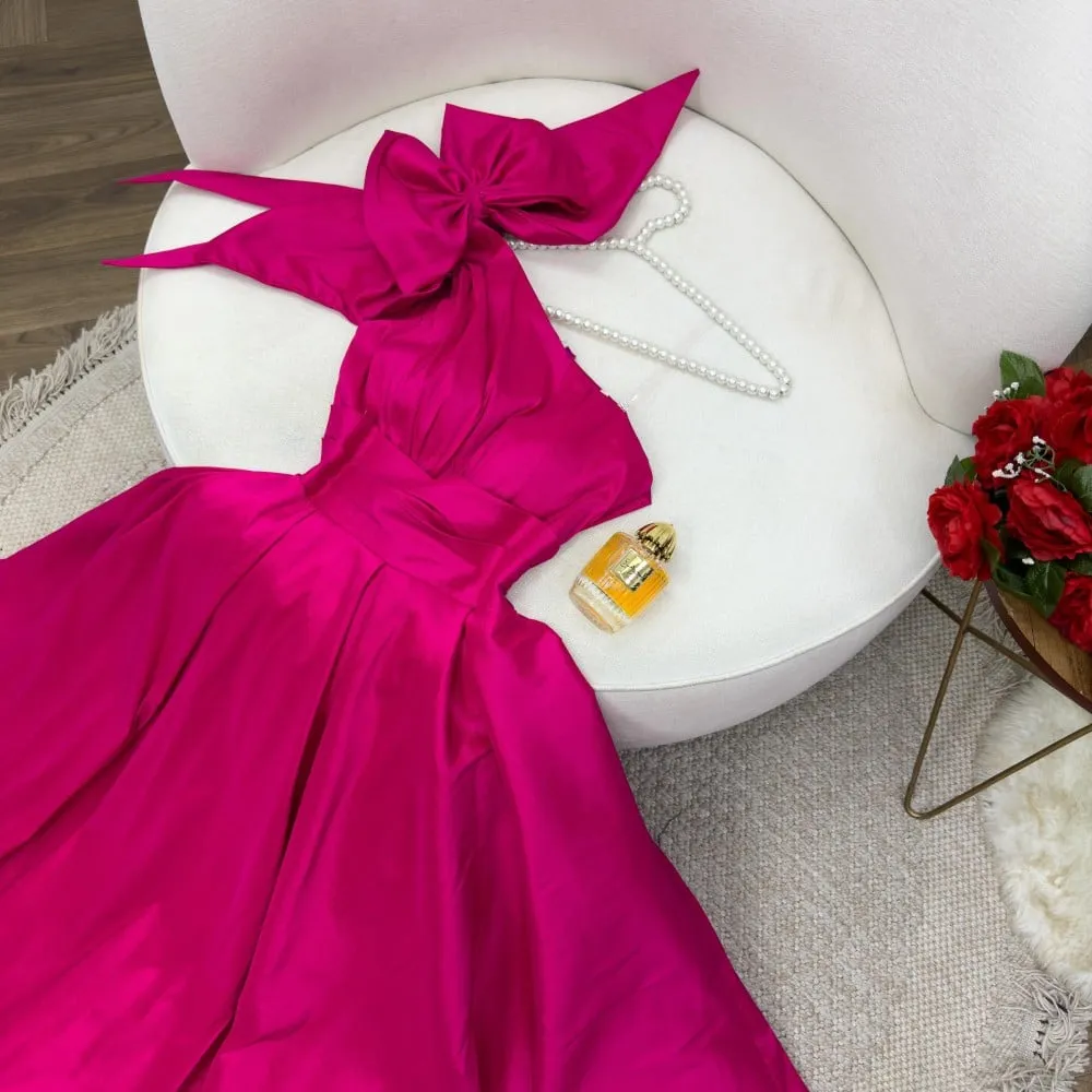 Hot Pink One Shoulder A-line Satin Floor-Length Prom Dresses Elegant Sleeveless Empire Waist Formal Evening - Image 3
