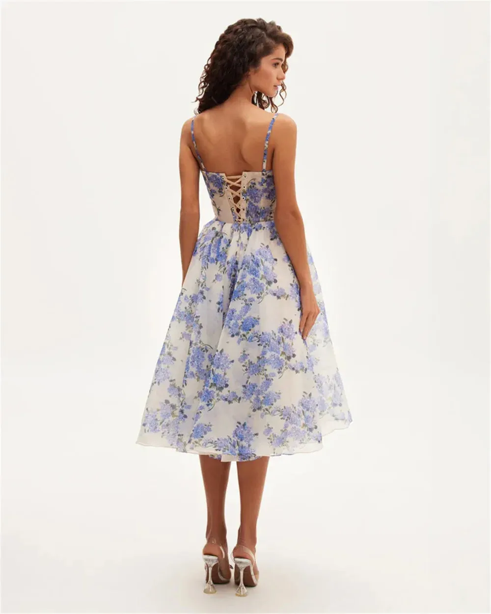 Spaghetti Strap Midi Dress Sweet Knee Lenght Vestidos De Noche Blue Printing Short Lenght Prom Dresses - Image 3