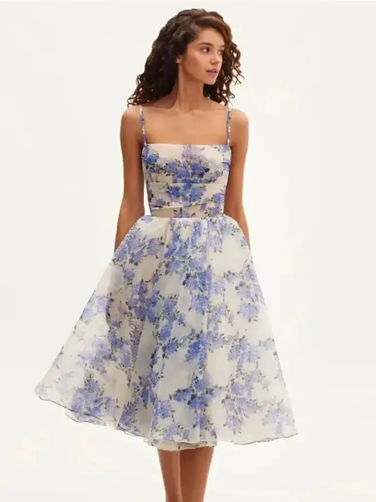 Spaghetti Strap Midi Dress Sweet Knee Lenght Vestidos De Noche Blue Printing Short Lenght Prom Dresses - Image 6