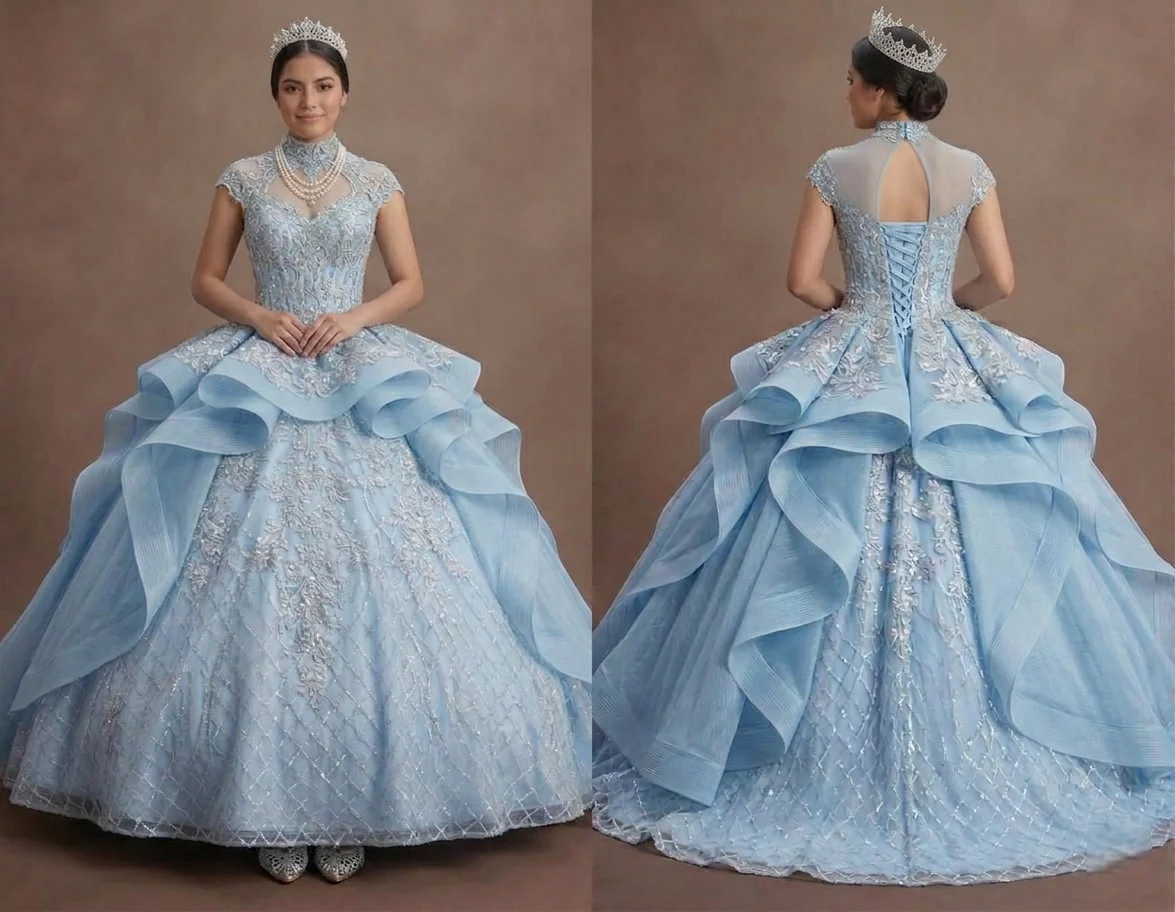 Ice Blue Quinceañera Dress with Silver Lace Fabric