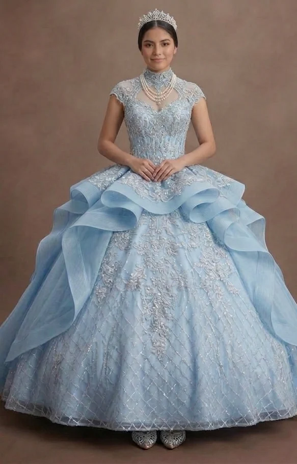 Ice Blue Quinceañera Dress with Silver Lace Fabric - Image 2