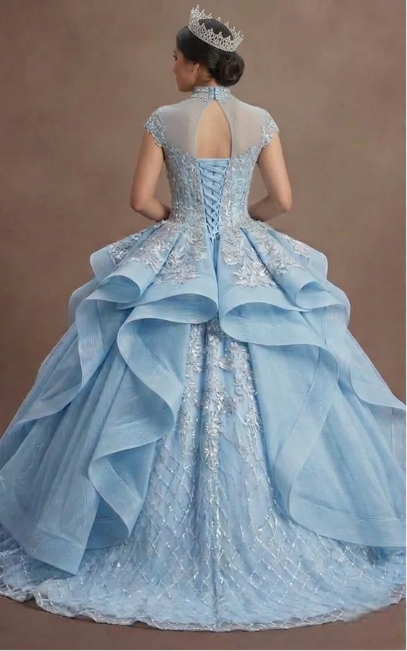 Ice Blue Quinceañera Dress with Silver Lace Fabric - Image 3