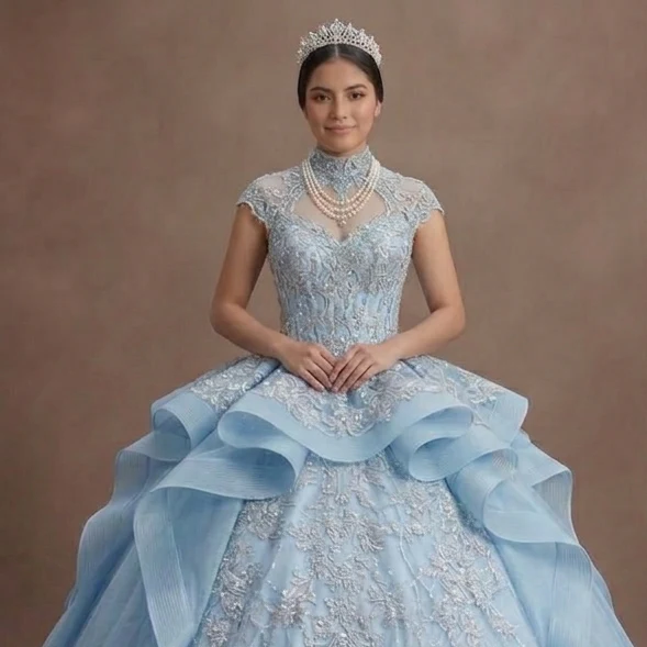 Ice Blue Quinceañera Dress with Silver Lace Fabric - Image 4