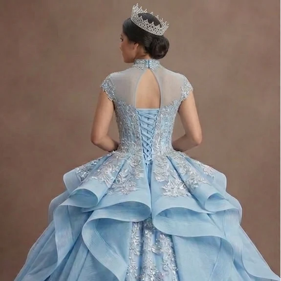 Ice Blue Quinceañera Dress with Silver Lace Fabric - Image 5