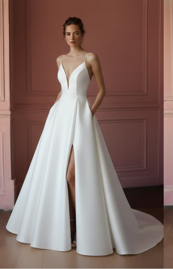 Long Slit Satin Wedding Dress Classic Spaghetti Strap Style - Image 2