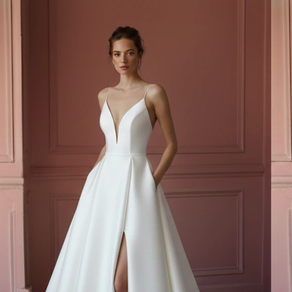 Long Slit Satin Wedding Dress Classic Spaghetti Strap Style - Image 4