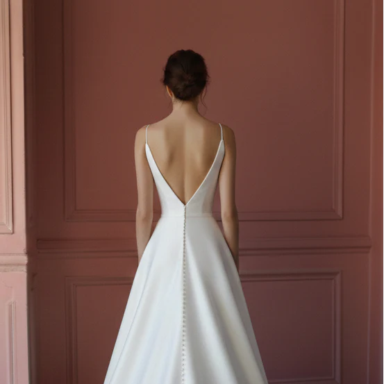 Long Slit Satin Wedding Dress Classic Spaghetti Strap Style - Image 5