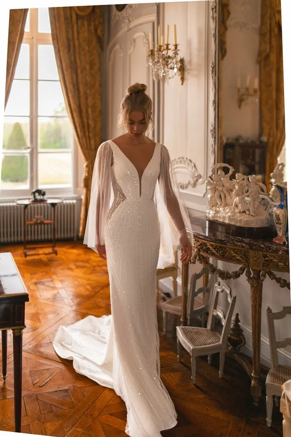Illusion Long Flare Sleeve Shiny Lace Mermaid Wedding Dress Tulle V Neck Open Back Court Train Bridal Gown - Image 3