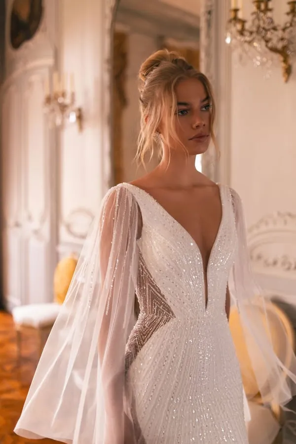 Illusion Long Flare Sleeve Shiny Lace Mermaid Wedding Dress Tulle V Neck Open Back Court Train Bridal Gown - Image 4