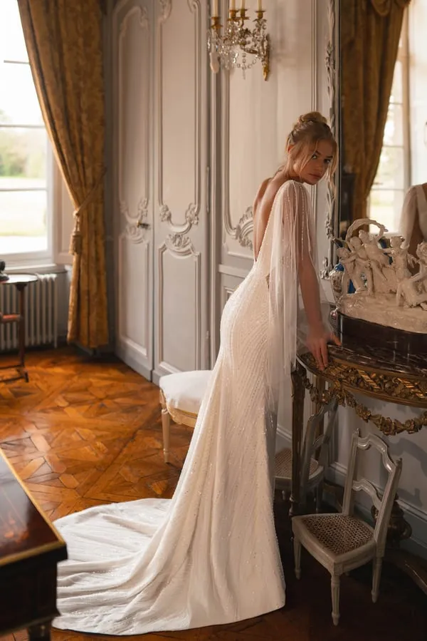 Illusion Long Flare Sleeve Shiny Lace Mermaid Wedding Dress Tulle V Neck Open Back Court Train Bridal Gown - Image 6