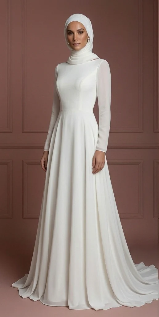 Ivory Chiffon Minimalist Wedding Dress – Modern Muslim Hijab - Image 2