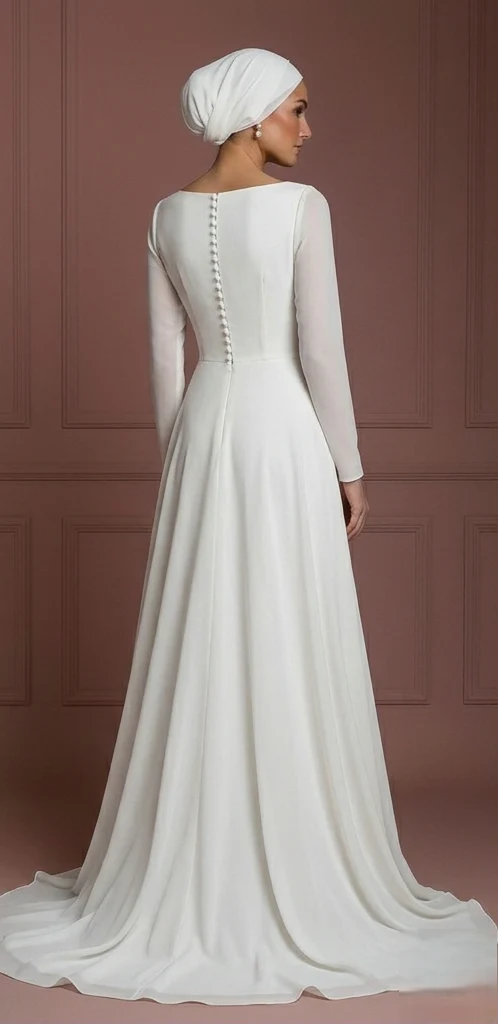 Ivory Chiffon Minimalist Wedding Dress – Modern Muslim Hijab - Image 3