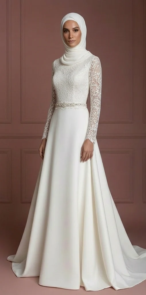 Ivory Hijab Wedding Dress Elegant Modest Bridal Gown Muslim - Image 2