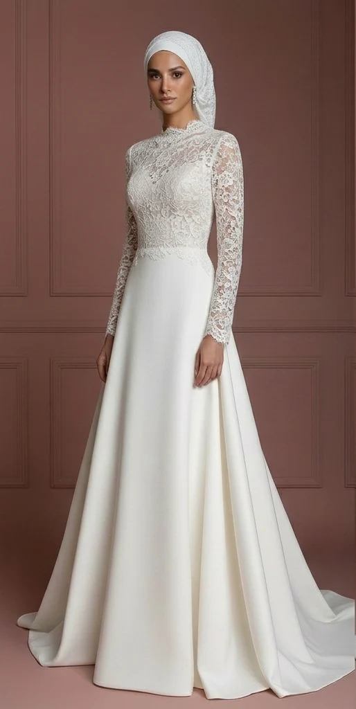 Ivory Lace Long Sleeve Hijab Wedding Dress – Modest & Timeless Muslim - Image 2
